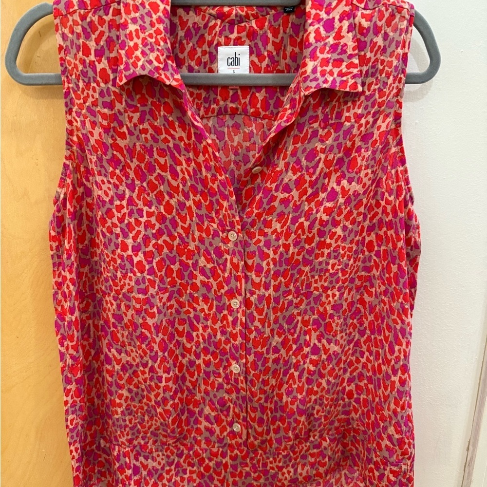 CAbi Red Sleeveless Button Down Shirt with Notched Collar